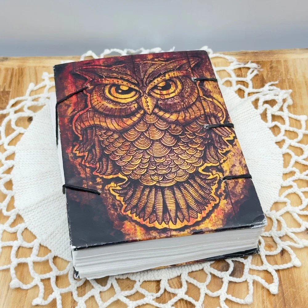 Handmade Owl Journal Brown Coptic Bound Hardcover Blank Sketchbook 8x5in Boho